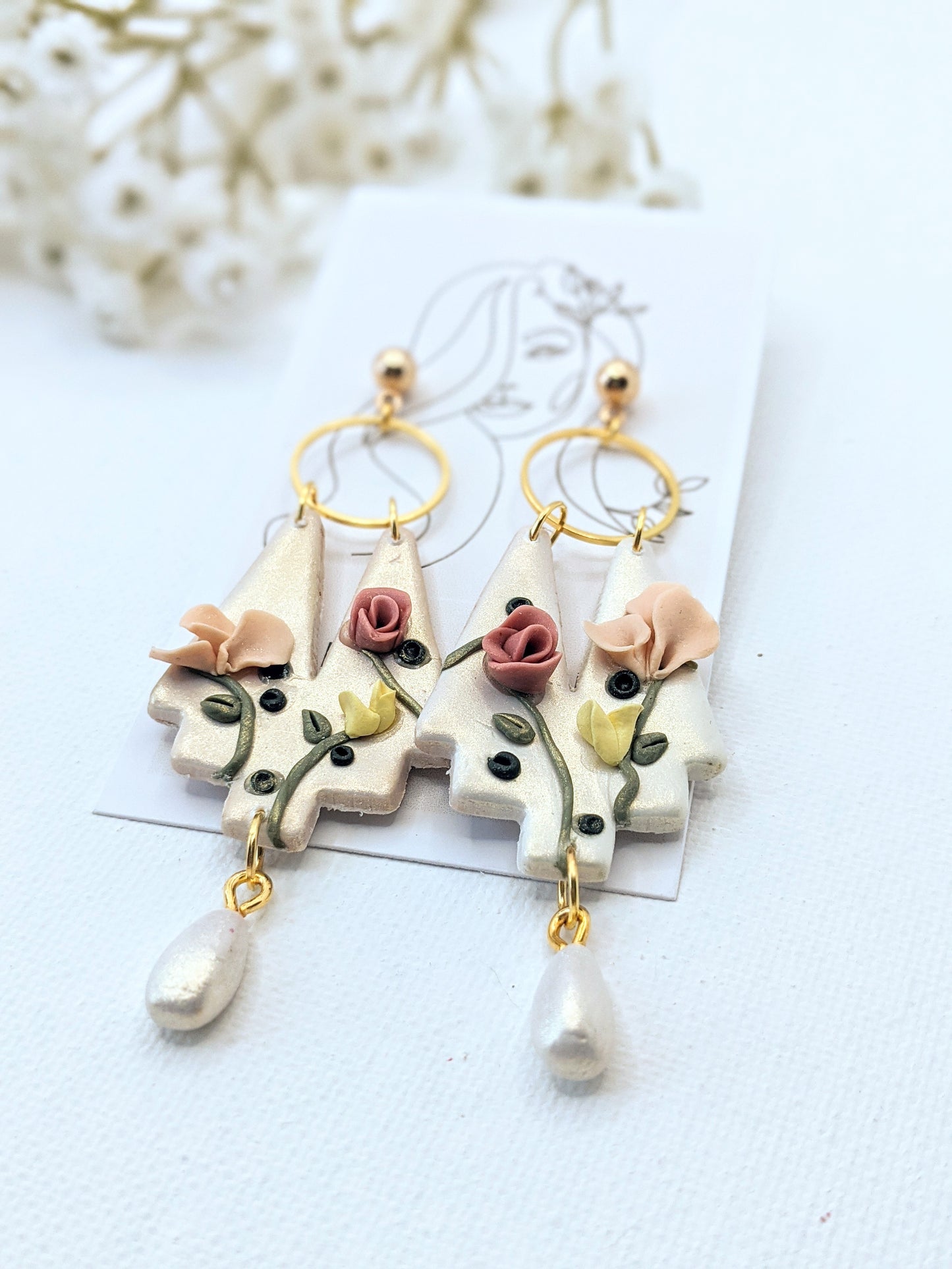 Pearl and Gold Floral Dangles
